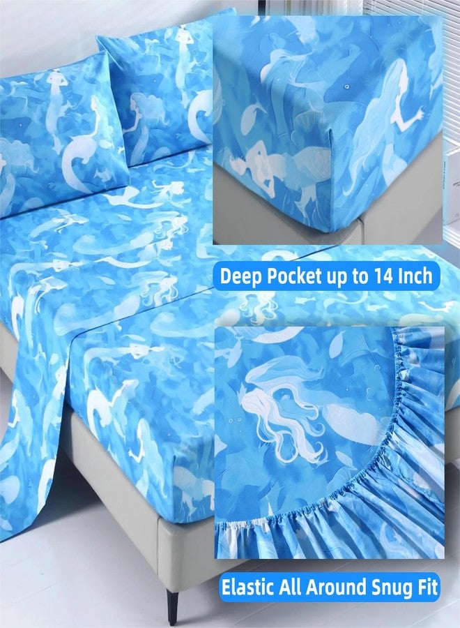 SDIII 4PCS Oil Painting Style Blue Mermaid Sheets Twin Set, Microfiber Princess Sheets Twin, Painterly Blue Mermaid Princess Bedding Sheet for Girls - Image 4