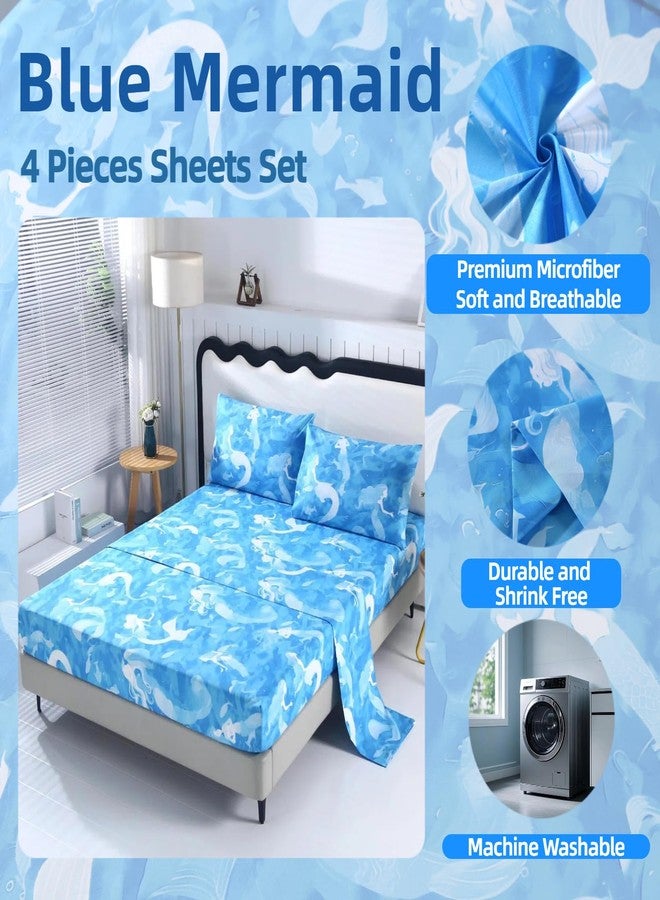 SDIII 4PCS Oil Painting Style Blue Mermaid Sheets Twin Set, Microfiber Princess Sheets Twin, Painterly Blue Mermaid Princess Bedding Sheet for Girls - Image 3