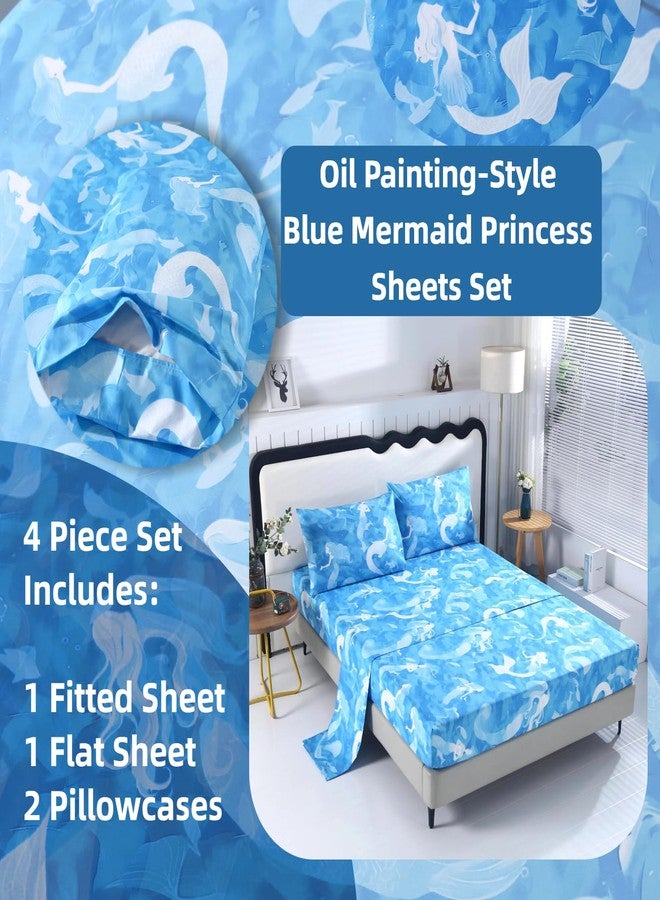 SDIII 4PCS Oil Painting Style Blue Mermaid Sheets Twin Set, Microfiber Princess Sheets Twin, Painterly Blue Mermaid Princess Bedding Sheet for Girls - Image 2