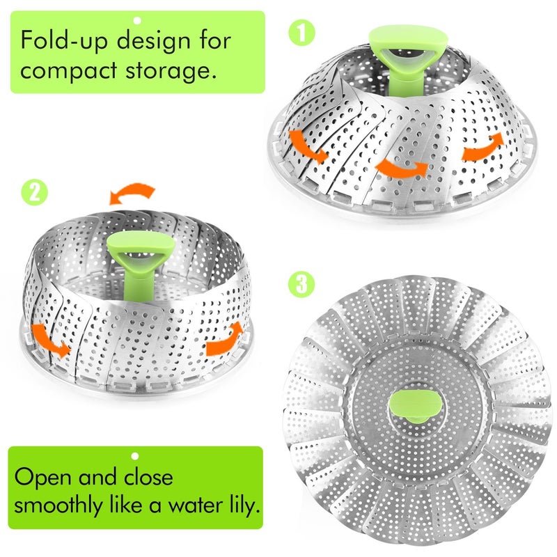 RKPM Stainless Steel Folding Steamer Basket for Vegetable Fish Seafood Cooking, Expandable to Fit Various Size Pot (5.1-9 Inch, Silver) - Image 2