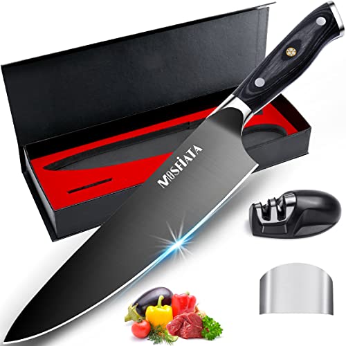 MOSFiATA 8” Super Sharp Titanium Plated Chef's Knife for Kitchen with Finger Guard and Knife Sharpener in Gift Box, High Carbon German Stainless Steel EN1.4116 Titanium Coated Stylish Cooking Knife - Image 1