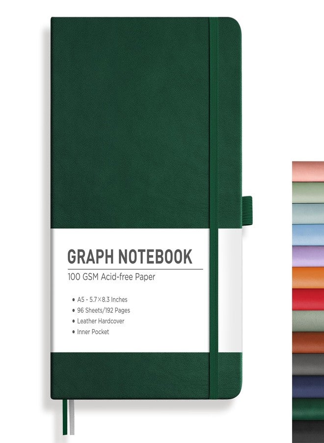 RETTACY Graph Grid Paper Notebook, 192 Pages, A5 Medium Size (5.7'' x 8.3''), 5 Squares per Inch, Leather Hardcover, 100 GSM Thick Paper, for School, Students, Math, Engineering (Dark Green) - Image 1
