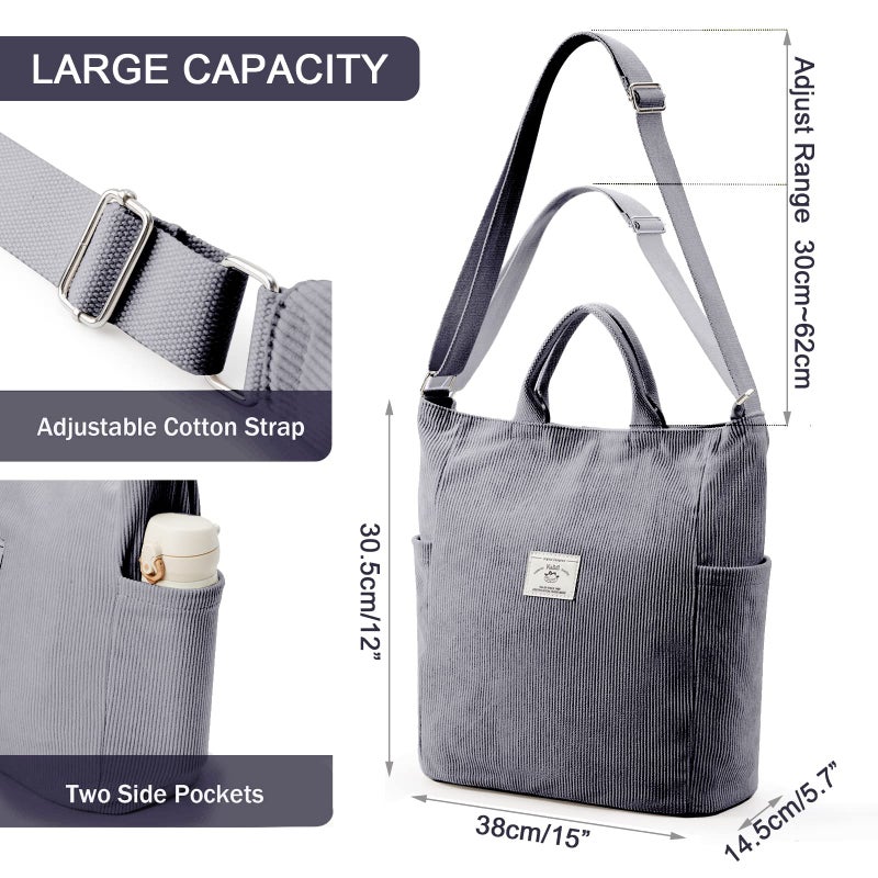 KALIDI Corduroy Tote Bag, Large Messenger Bag Shoulder Hobo Anti Splash Crossbody Zipper Bag Casual Work Shopping Women Grey Blue - Image 5