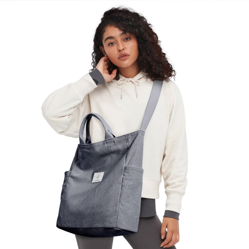 KALIDI Corduroy Tote Bag, Large Messenger Bag Shoulder Hobo Anti Splash Crossbody Zipper Bag Casual Work Shopping Women Grey Blue - Image 2