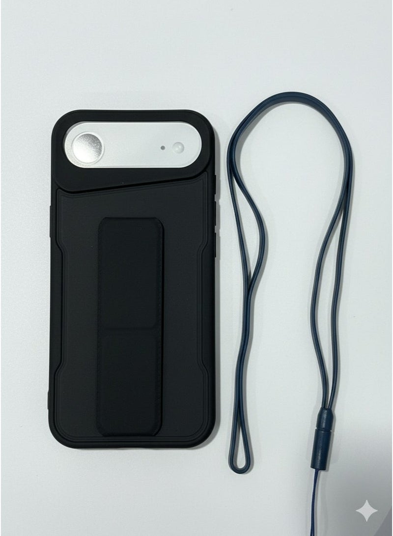 مجسيف غطاء FABRIC iPhone 17 air SlimPhone باللون الأسود يأتي مع حامل هاتف وحبل - Image 2