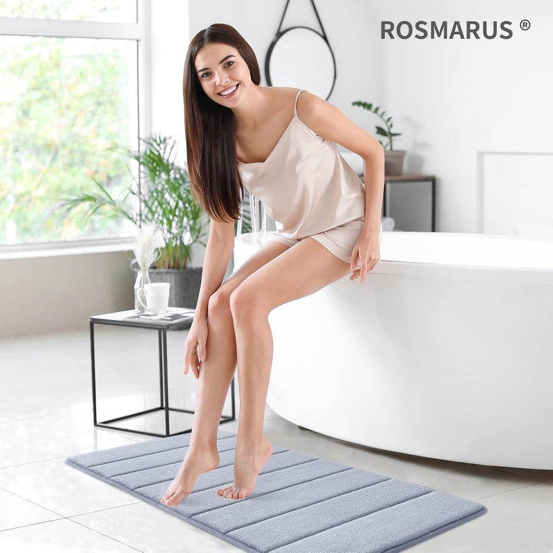 ROSMARUS سجادة حمام من فوم الذاكرة ROSMARUS مقاس 20 × 32 بوصة، سجادة استحمام ماصة للماء، سجاد حمام سميك غير قابل للانزلاق مع ظهر PVC، فائق النعومة لأرضية الحمام وحوض الاستحمام، رمادي - Image 2