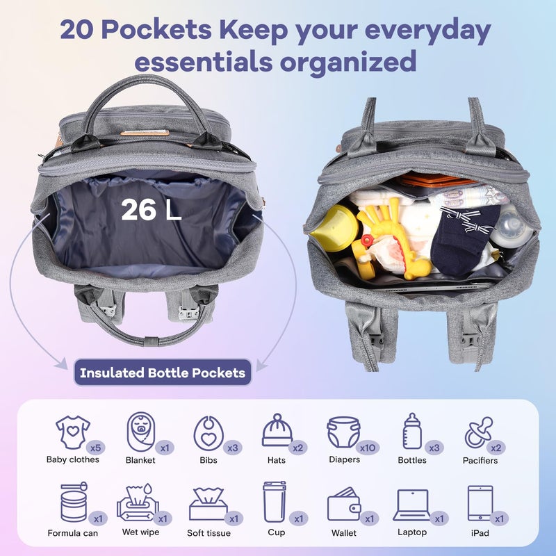 RUVALINO Diaper Bag Backpack, Multifunction Travel Pack Maternity Baby Changing Bags, Large Capacity, Waterproof, Gray - Image 5