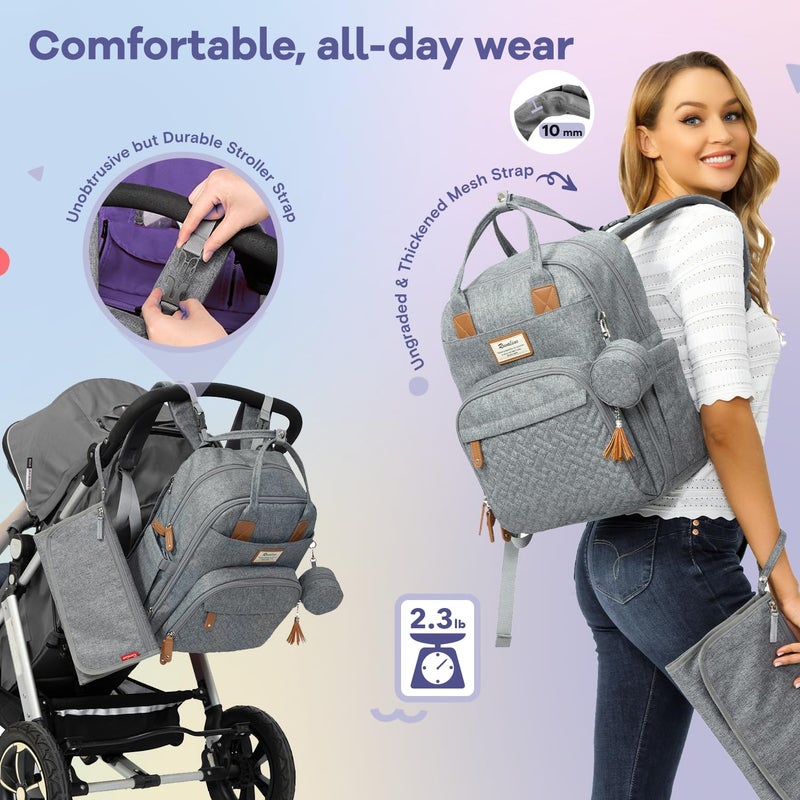 RUVALINO Diaper Bag Backpack, Multifunction Travel Pack Maternity Baby Changing Bags, Large Capacity, Waterproof, Gray - Image 2