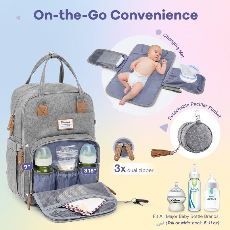 RUVALINO Diaper Bag Backpack, Multifunction Travel Pack Maternity Baby Changing Bags, Large Capacity, Waterproof, Gray - Image 4