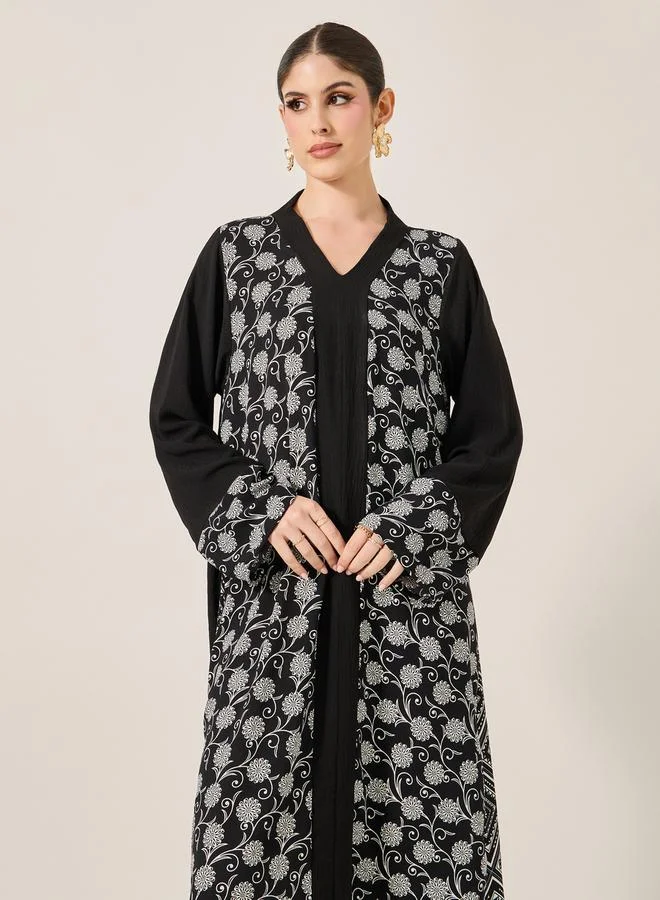 Styli Printed Panel V-Neck A-Line Jalabiya