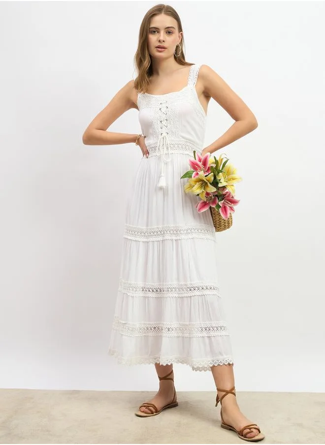 Styli Plain Cream Sleeveless Tiered Maxi Dress