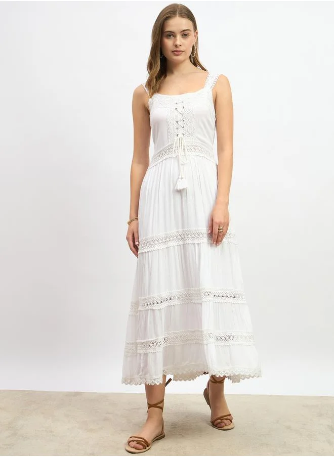 Styli Plain Cream Sleeveless Tiered Maxi Dress