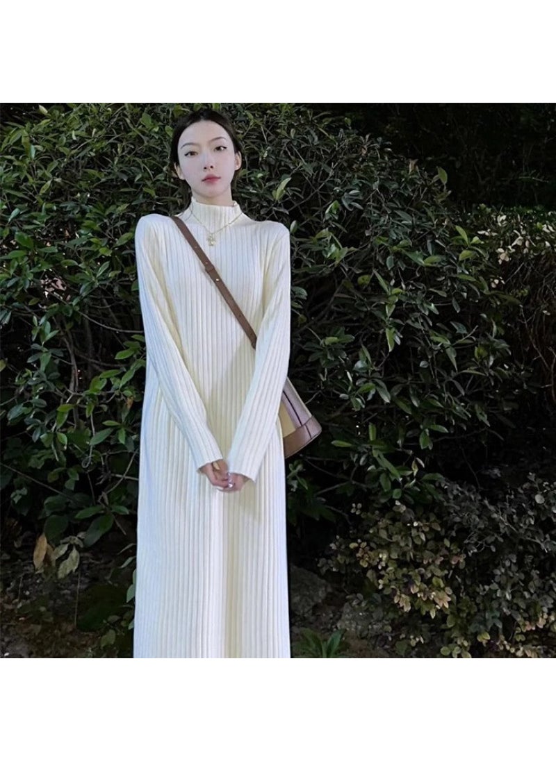 Generic White Long Sleeve Knitted Sweater Dress Base Layer Long Skirt Feel Early Spring Womens Street Style High Collar Regular Sleeve White  - Image 1