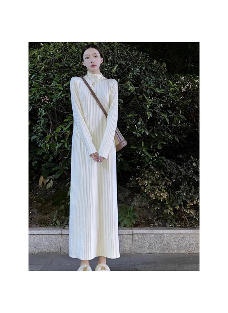 Generic White Long Sleeve Knitted Sweater Dress Base Layer Long Skirt Feel Early Spring Womens Street Style High Collar Regular Sleeve White  - Image 3