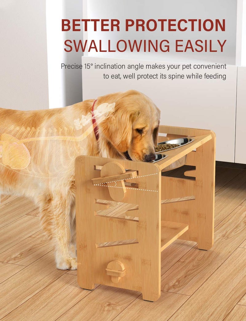 Vantic Elevated Dog Bowls, Adjustable Raised Dog Bowl Stand for Medium Sized Pet, Sturdy Bamboo Food Feeder with 2 Stainless Steel Dishes, Natural - Image 4