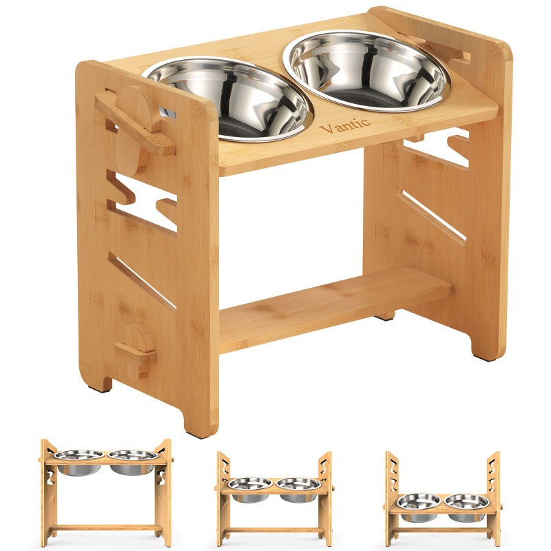 Vantic Elevated Dog Bowls, Adjustable Raised Dog Bowl Stand for Medium Sized Pet, Sturdy Bamboo Food Feeder with 2 Stainless Steel Dishes, Natural - Image 1