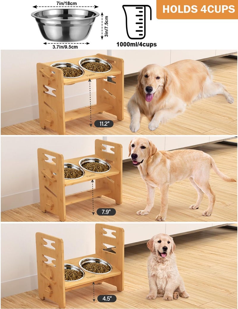 Vantic Elevated Dog Bowls, Adjustable Raised Dog Bowl Stand for Medium Sized Pet, Sturdy Bamboo Food Feeder with 2 Stainless Steel Dishes, Natural - Image 2