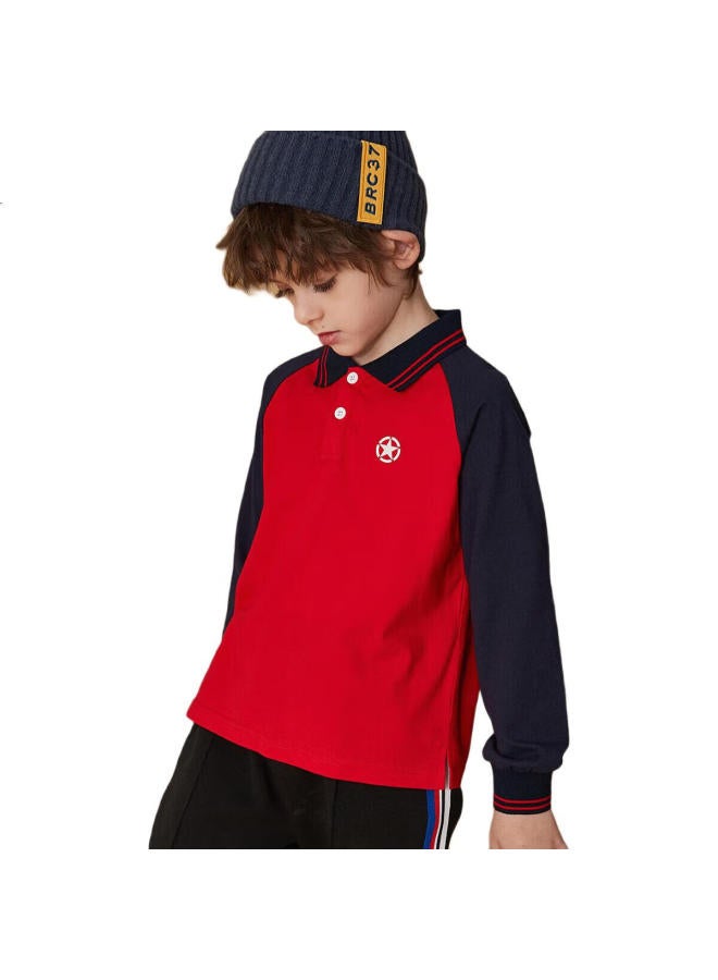 Ask Junior Boys' Long-Sleeve T-Shirt, Spring Children'S Casual Polo Shirt Undershirt, Red Base Color, Size 130 - Image 3