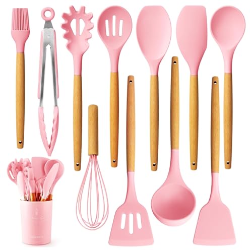 Royalkart Silicone Kitchen Utensil Set, 11 Pieces Cooking Utensil with Wooden Handles and Utensil Holder BPA Non-Stick, Heat Resistant, Kitchen Tools Set (Pink) - Image 1