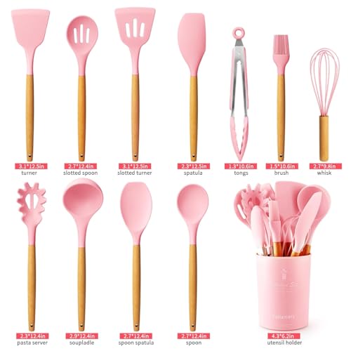 Royalkart Silicone Kitchen Utensil Set, 11 Pieces Cooking Utensil with Wooden Handles and Utensil Holder BPA Non-Stick, Heat Resistant, Kitchen Tools Set (Pink) - Image 2