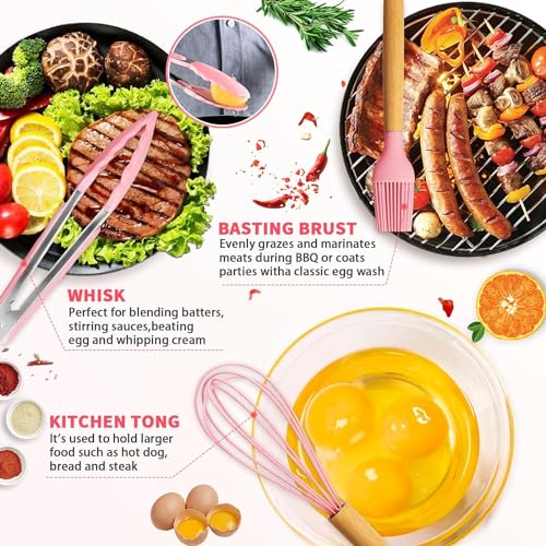 Royalkart Silicone Kitchen Utensil Set, 11 Pieces Cooking Utensil with Wooden Handles and Utensil Holder BPA Non-Stick, Heat Resistant, Kitchen Tools Set (Pink) - Image 5