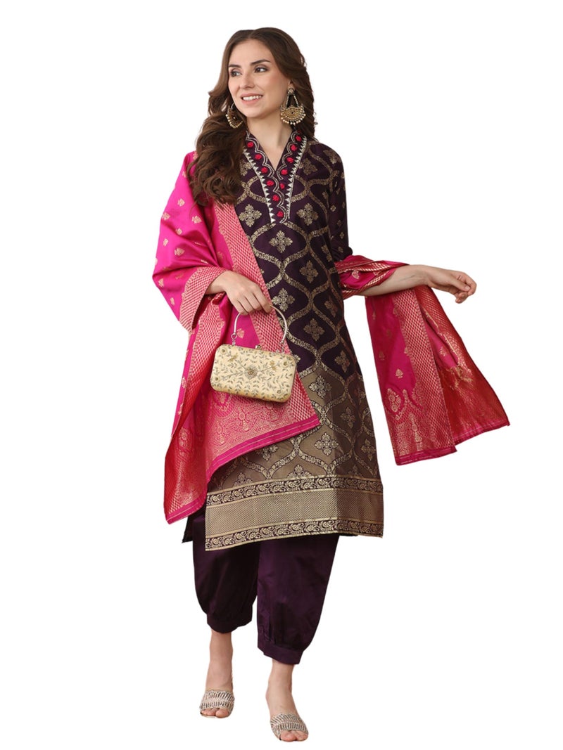 EthnicJunction Women's Silk Blend Straight Embroidered Banarasi Kurta Salwar Set with Dupatta Purple - Image 1