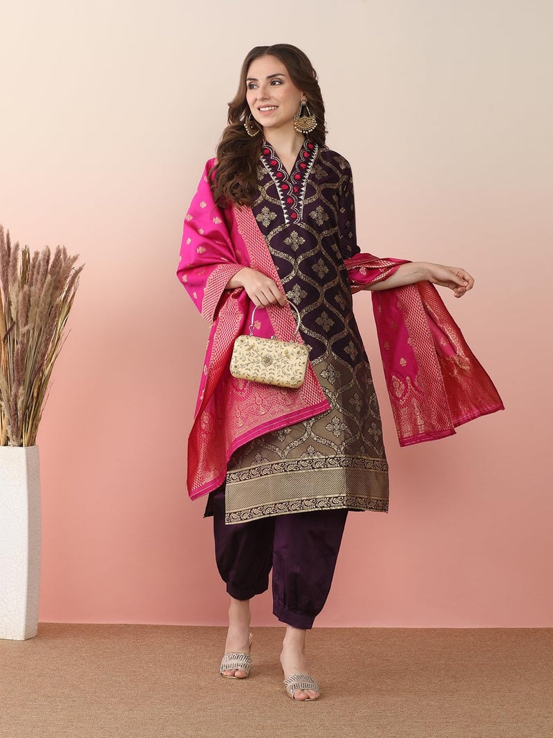 EthnicJunction Women's Silk Blend Straight Embroidered Banarasi Kurta Salwar Set with Dupatta Purple - Image 3