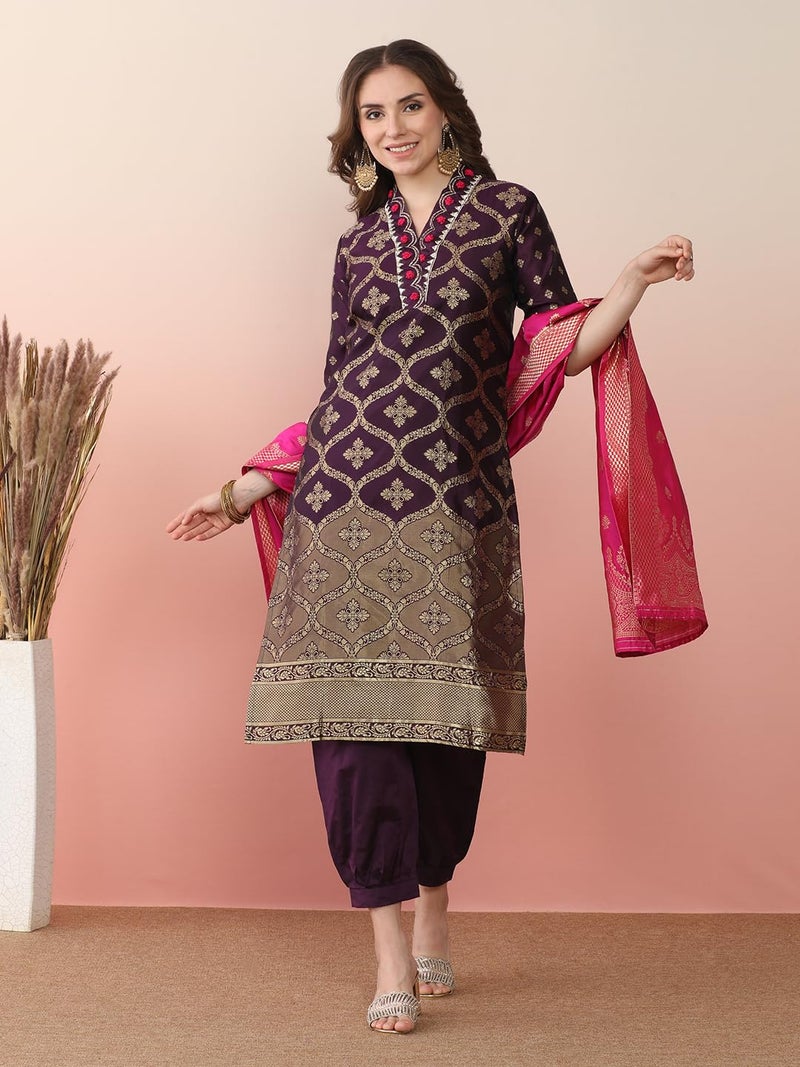 EthnicJunction Women's Silk Blend Straight Embroidered Banarasi Kurta Salwar Set with Dupatta Purple - Image 4