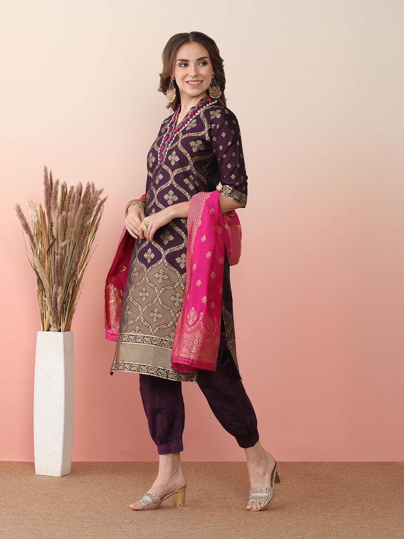 EthnicJunction Women's Silk Blend Straight Embroidered Banarasi Kurta Salwar Set with Dupatta Purple - Image 5