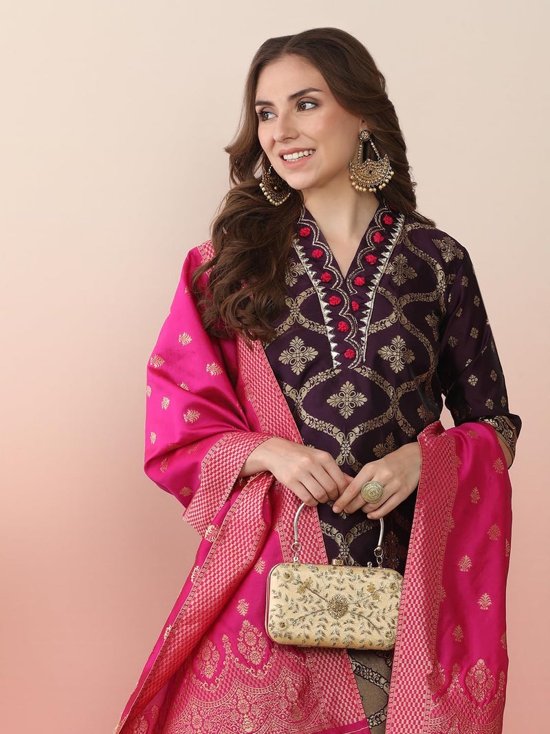 EthnicJunction Women's Silk Blend Straight Embroidered Banarasi Kurta Salwar Set with Dupatta Purple - Image 2