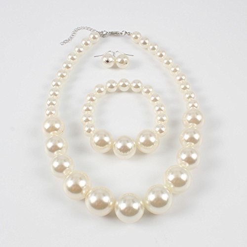 KOSMOS-LI Women's Large Big Simulated Ivory Pearl Statement 19" Necklace Bracelet and Earrings Jewelry Set - Image 4