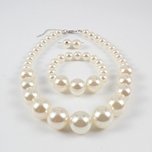 KOSMOS-LI Women's Large Big Simulated Ivory Pearl Statement 19" Necklace Bracelet and Earrings Jewelry Set - Image 5