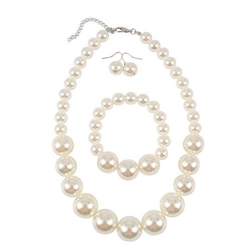 KOSMOS-LI Women's Large Big Simulated Ivory Pearl Statement 19" Necklace Bracelet and Earrings Jewelry Set - Image 1