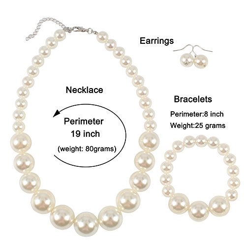 KOSMOS-LI Women's Large Big Simulated Ivory Pearl Statement 19" Necklace Bracelet and Earrings Jewelry Set - Image 3
