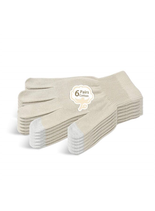 Evridwear Unisex Moisturizing Cotton Gloves with Touchscreen Fingertips for Eczema Beauty Cosmetic Dry Hands Sensitive Irritated Skin Therapy Overnight Bedtime, 6 Pairs, Lightweight-Beige, XS - Image 1