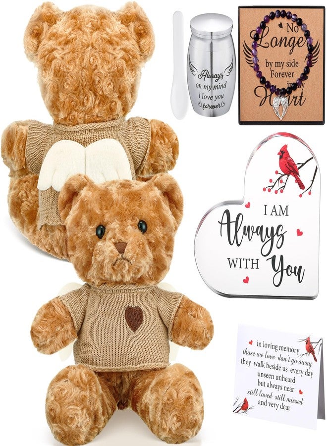 Kenning Cremation Keepsake Urn for Ashes Set, Memorial Bear with Mini Urn & Spoon, Acrylic Heart Memorial Plaque, Angel Wing Bracelet, Sympathy Bereavement Gift for Loss of Loved One/pet(Light Brown) - Image 1