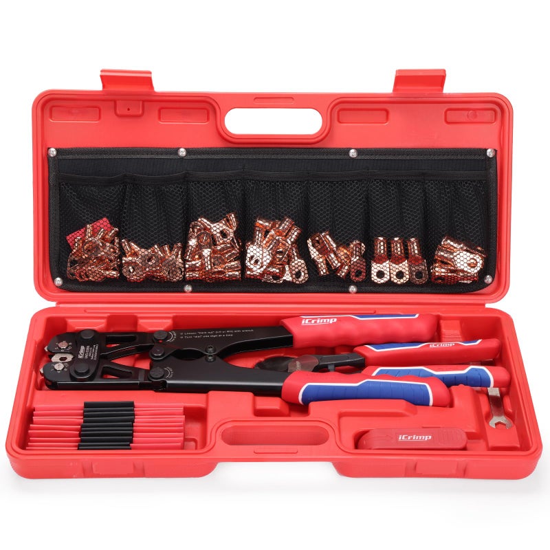 iCrimp Battery Cable Lug Crimping Tool Kit for 8-1/0 AWG - 63pcs Copper Lugs & 25pcs Heat Shrink Tubes, Wire Cutter & Stripper - Image 1