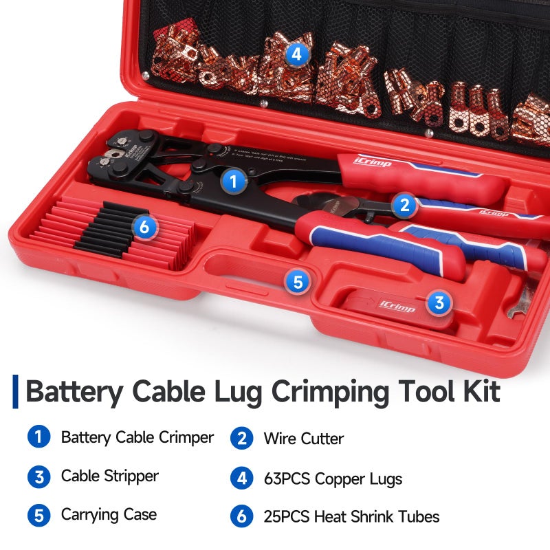 iCrimp Battery Cable Lug Crimping Tool Kit for 8-1/0 AWG - 63pcs Copper Lugs & 25pcs Heat Shrink Tubes, Wire Cutter & Stripper - Image 2