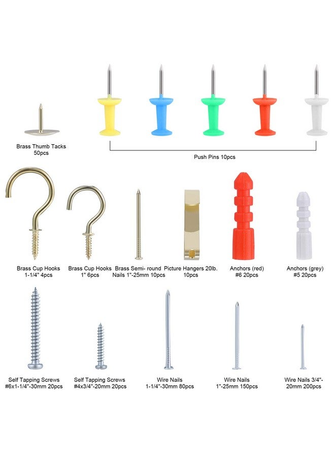 FARRAY Repair And Wall Hanging Kit: Screws Nails Drywall Anchors Picture Hangers Cup Hooks Push Pins Thumb Tacks 600Pcs - Image 2