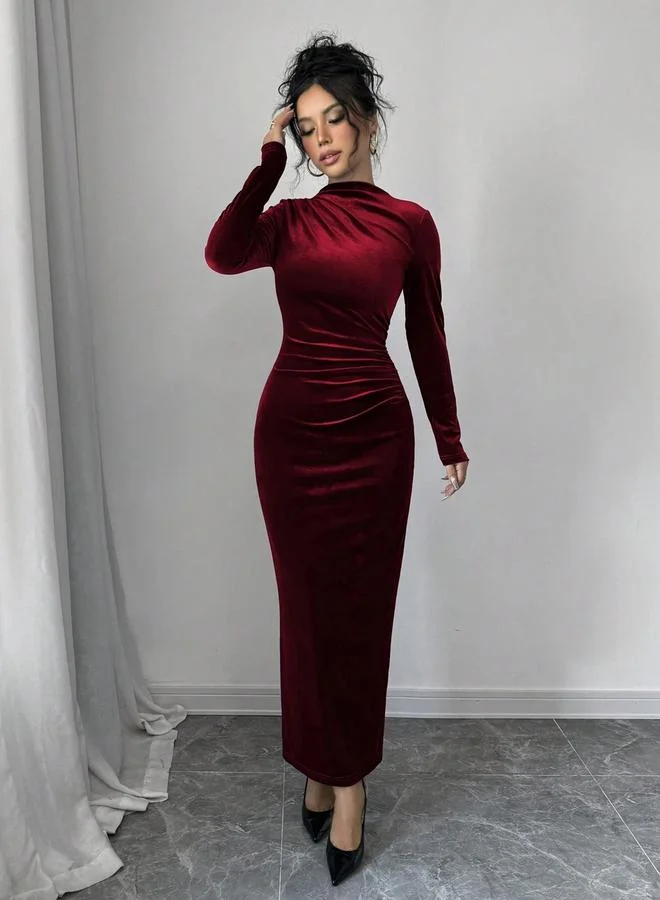 Take Two Velvet Look Fitted Waist Long Sleeve Maxi Dress