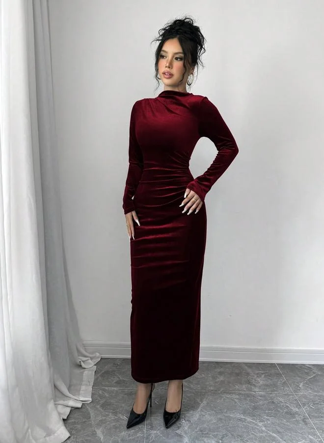 Take Two Velvet Look Fitted Waist Long Sleeve Maxi Dress