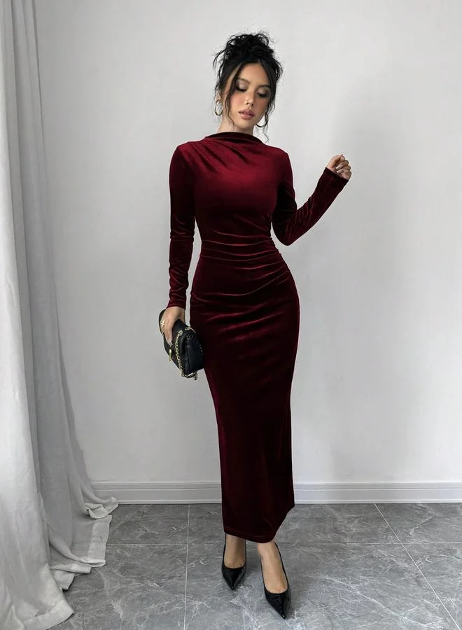 Take Two Velvet Look Fitted Waist Long Sleeve Maxi Dress
