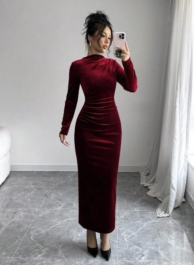 Take Two Velvet Look Fitted Waist Long Sleeve Maxi Dress