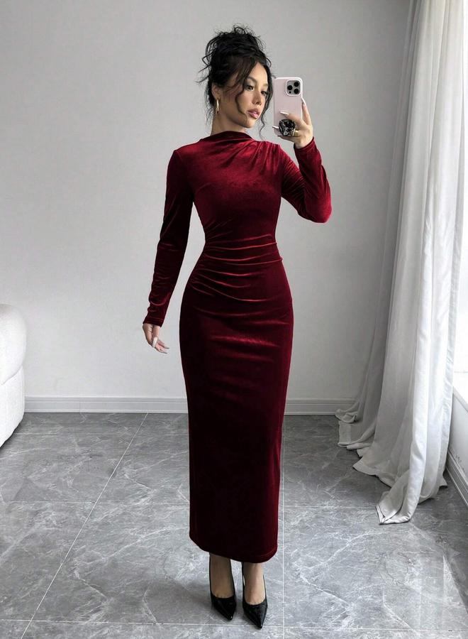 Take Two Velvet Look Fitted Waist Long Sleeve Maxi Dress - Image 1