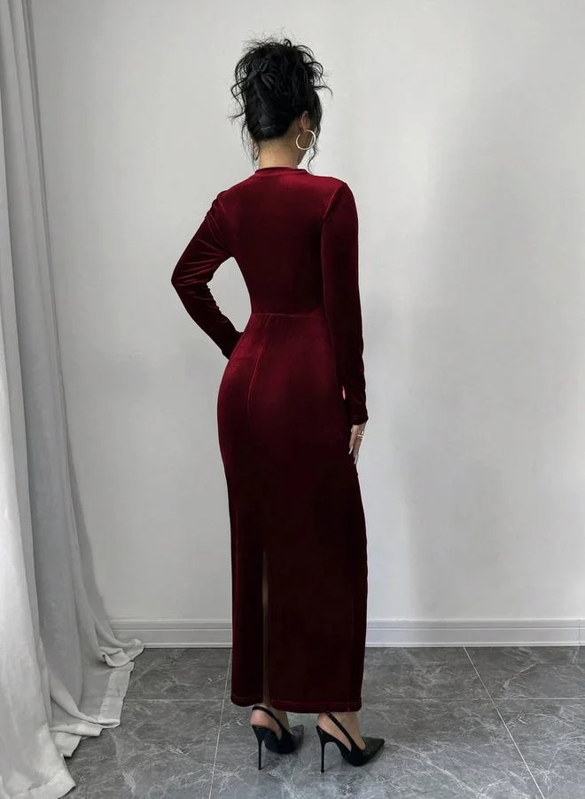 Take Two Velvet Look Fitted Waist Long Sleeve Maxi Dress