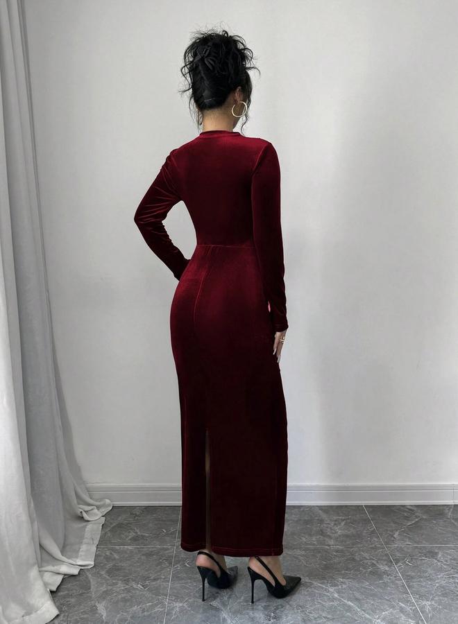 Take Two Velvet Look Fitted Waist Long Sleeve Maxi Dress - Image 2