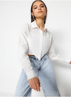 Ecru Heart Detailed Crop Poplin Shirt TPRSS23GO00003