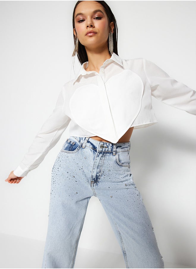 trendyol - Ecru Heart Detailed Crop Poplin Shirt TPRSS23GO00003 - Image 1