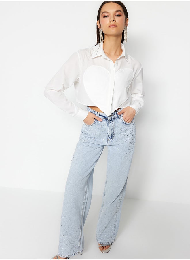 trendyol - Ecru Heart Detailed Crop Poplin Shirt TPRSS23GO00003 - Image 1
