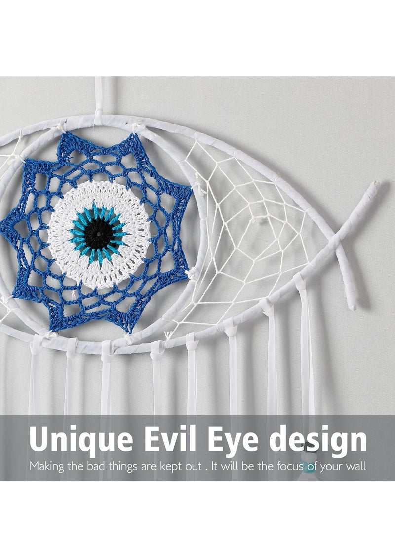 KASTWAVE Evil Eye Dream Catcher, White Dream Catchers, Handmade Macrame Evil Eye Wall Hanging for Boho Room House Decor, Blessing Craft Gift Bring Good Luck  - Image 3